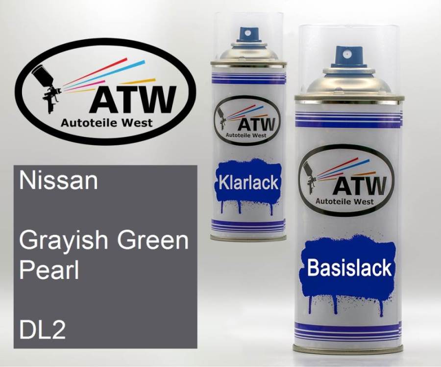 Nissan, Grayish Green Pearl, DL2: 400ml Sprühdose + 400ml Klarlack - Set, von ATW Autoteile West.